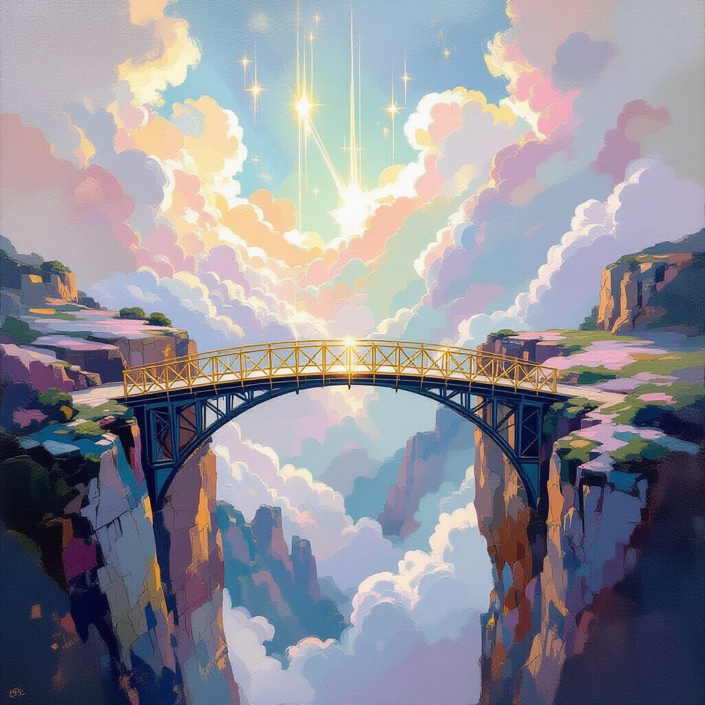 Glass Bridge with Golden Runes in Neo-Impressionism Style