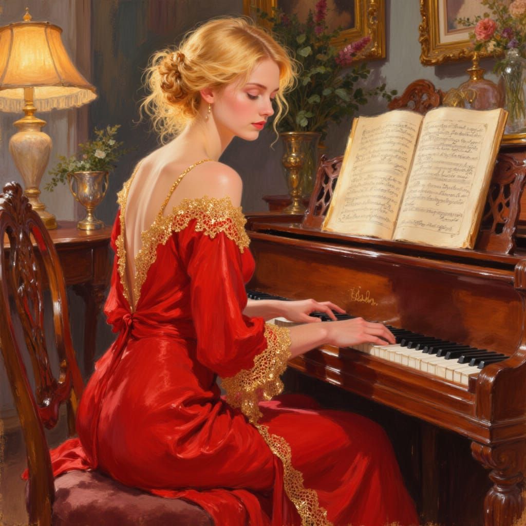 <lora:SeedreamFlux:1.0> beautiful woman with an elegant, very dark red long dress with shiny golden laces, elegant, wavy blond hair, messy, ...