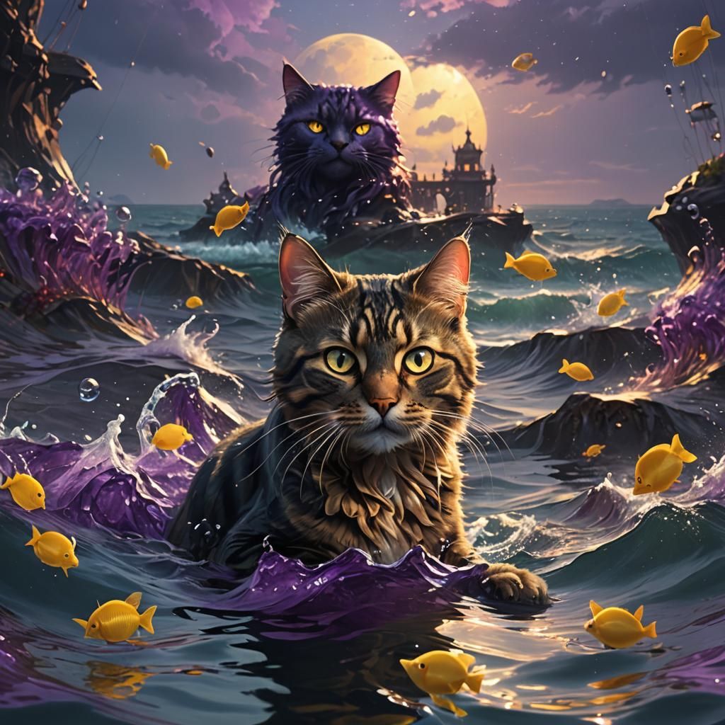 A cat with swimming in the ocean