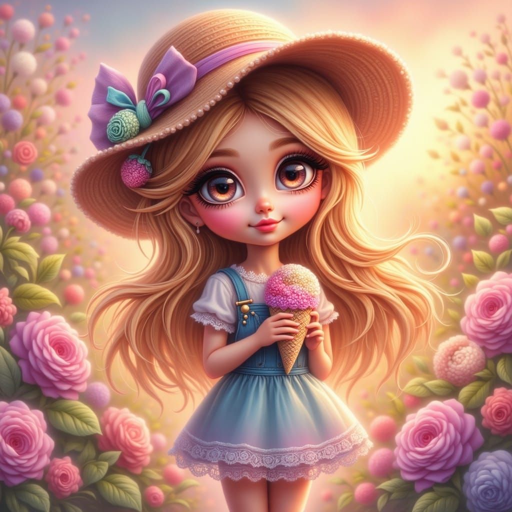 Enchanted Chibi Sunset Girl in Whimsical Pastel Hues