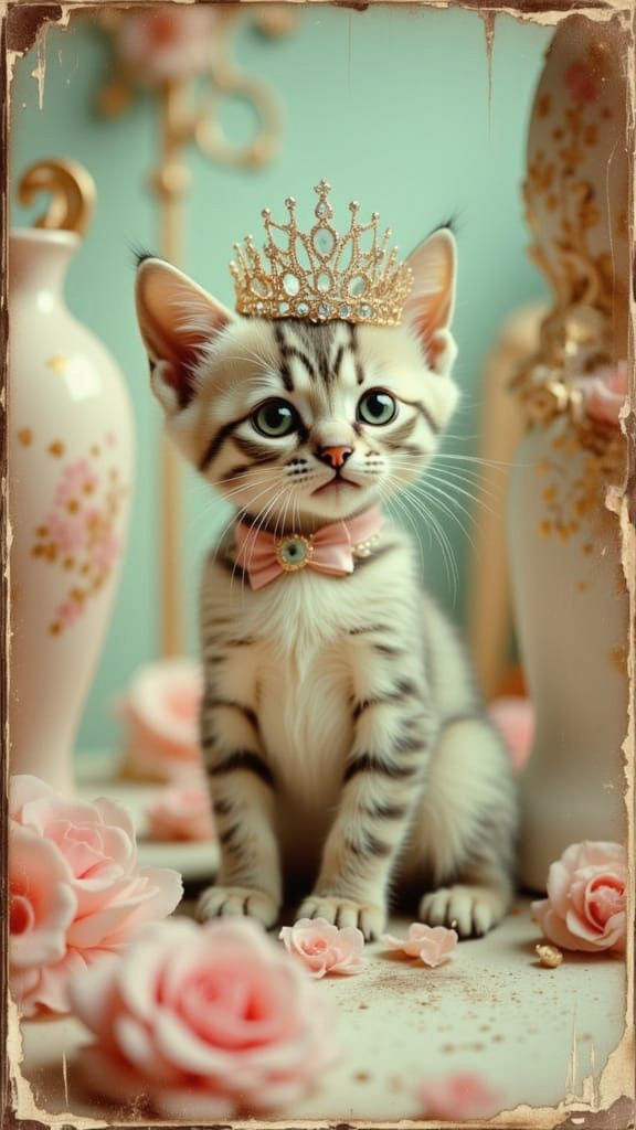 Adorable Kitten Wears Bejewelled Rococo Tiara in Vintage Bea...
