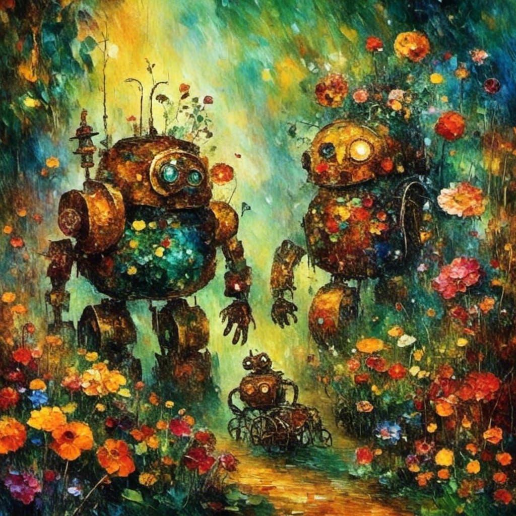 <lora:Rough Diamond:1.0> Cute robots in a flower garden 