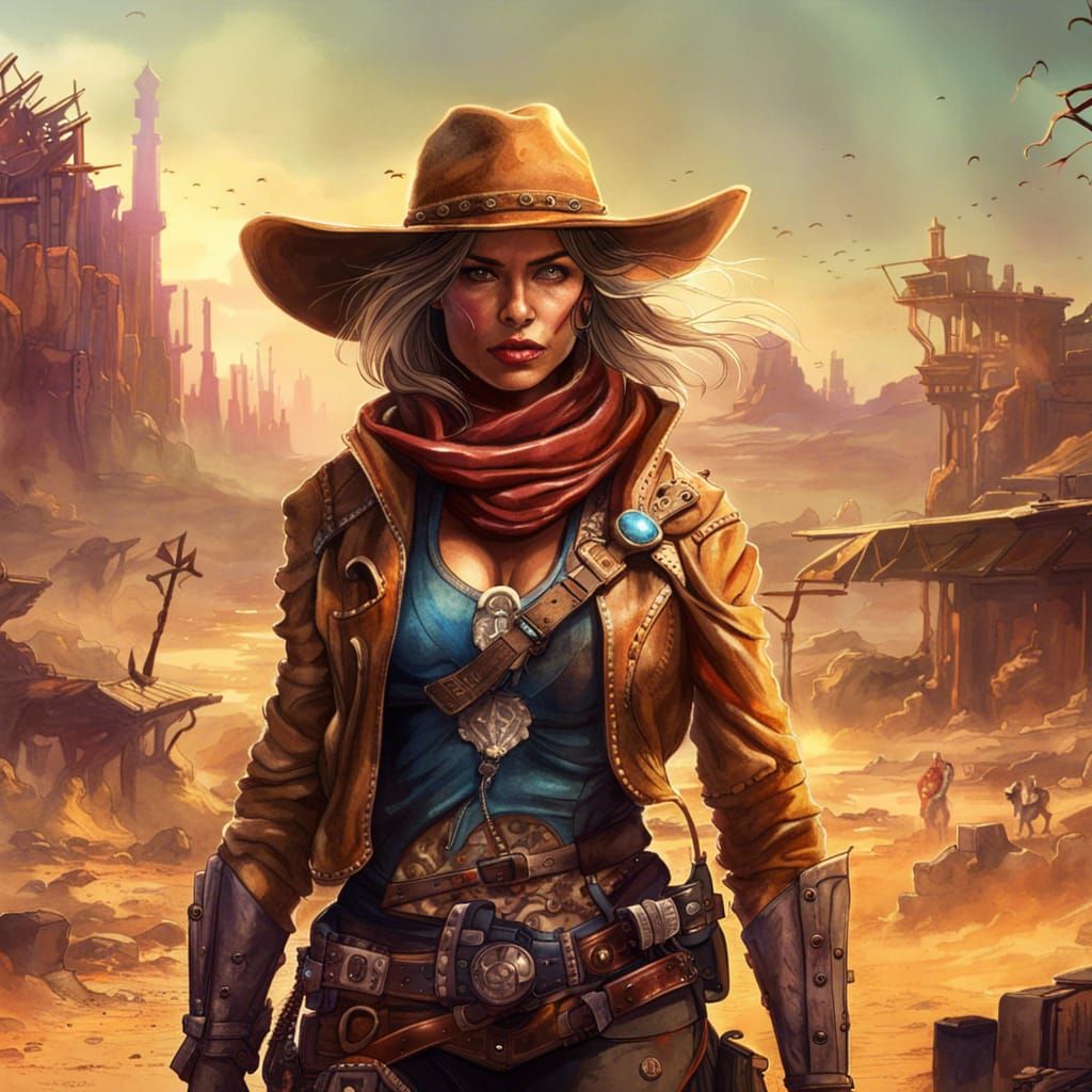 Depict a mutant cowgirl with extraordinary powers, defending a post ...