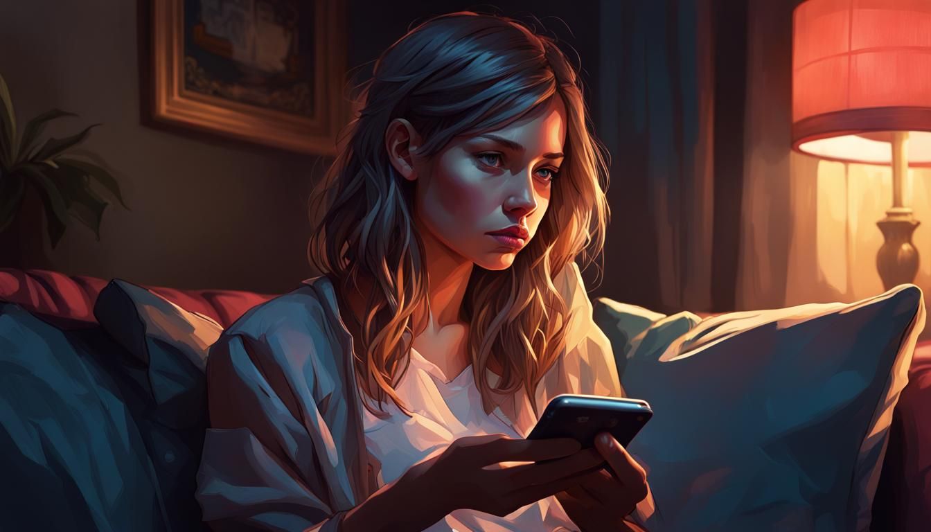 Concerned girl on couch looking at iPhone in dark living roo...