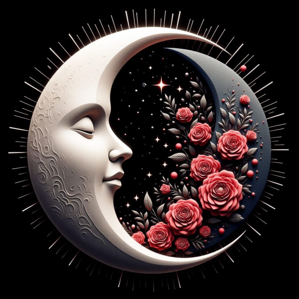 <lora:Mrs H-Crescent Moons:1.0> Create a beautiful silver detailed cratered crescent Moon with a gentle face with a stunning vibrant red flo...
