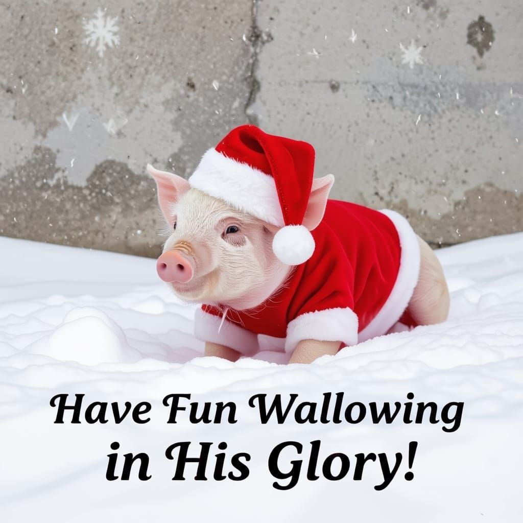 Cute pig dressed for Christmas having fun wallowing in the snow and God's Glory