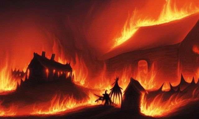 Burning village under attack from demons