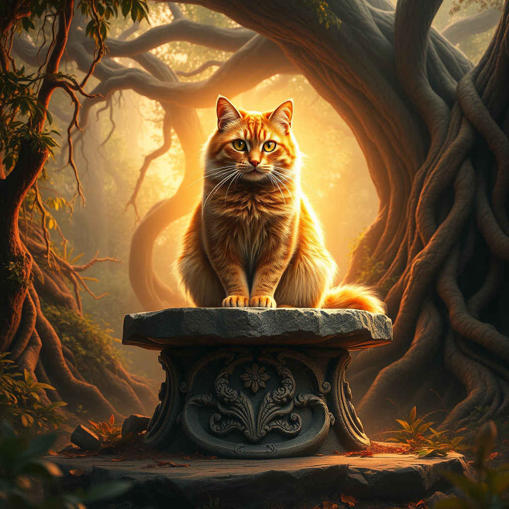 Regal Ginger Cat on Mystical Pedestal in Dreamlike Setting