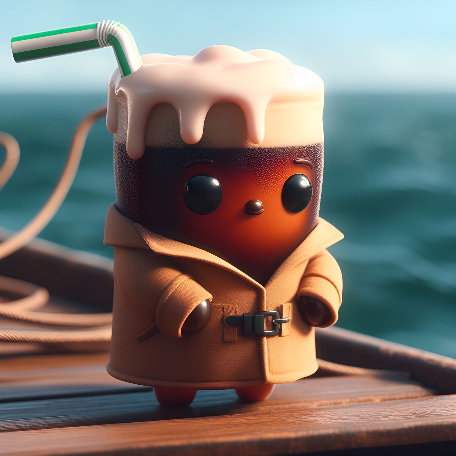 Root Beer Float in a Coat by a Boat