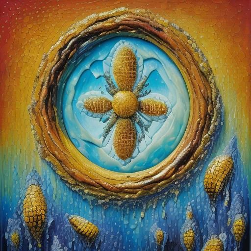 Honeycomb and Bees in Bloom: Neo-Impressionist Style