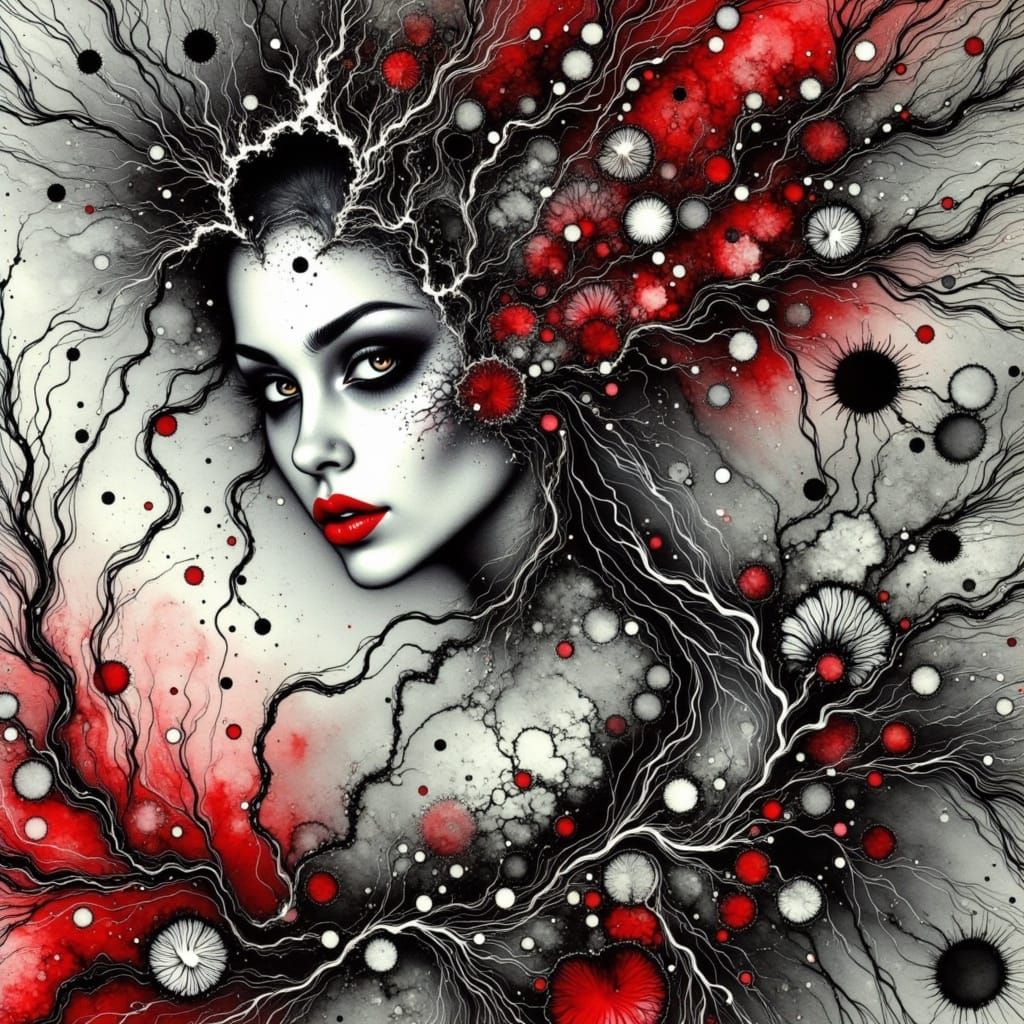 <lora:Alcoholic Inks:1.2> A goth woman immersed in a surreal alcohol ink background, featuring flowing patterns of deep black, blood-red cri...