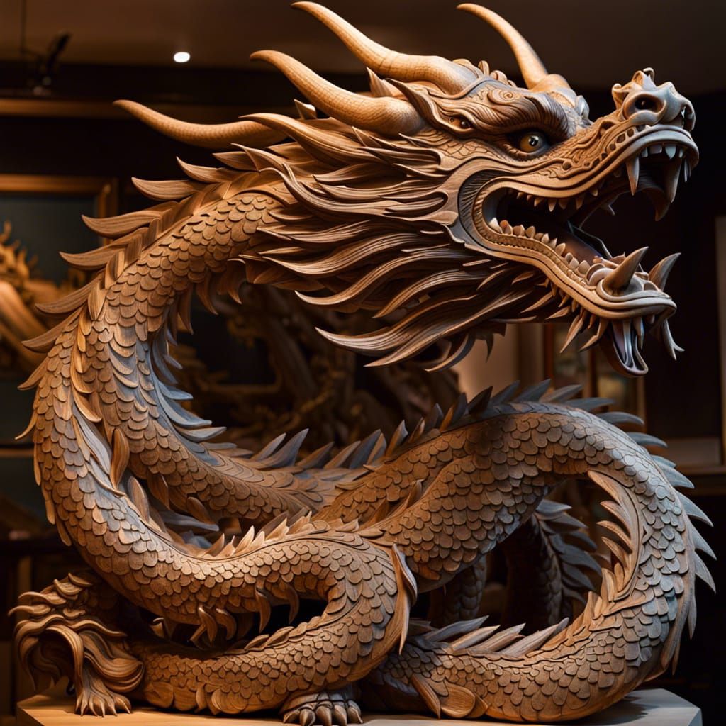 A Chinese dragon head made of wood, dragon head with a, Midjourney