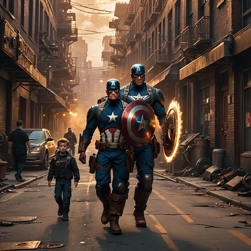 Captain America and his sheild walking down the street taking his son to school in the small futeristicvillage in which he lives.