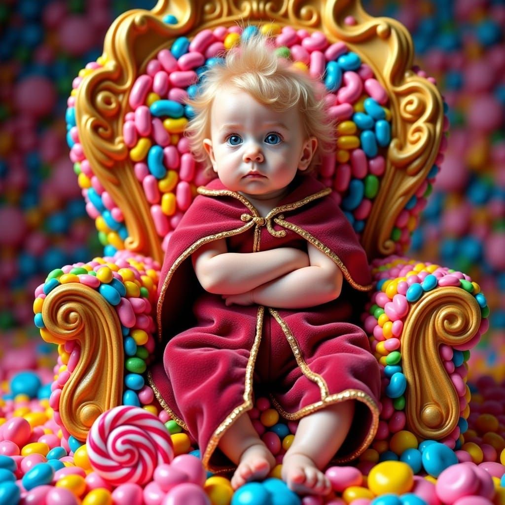 <lora:Candylike:1.0>A small toddler with blonde messy hair is sitting on a throne made entirely of small, clustered, and tight colorful cand...