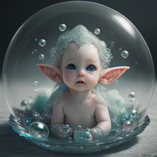 Beautiful baby elf plays with bubbles in dream land AI Generated