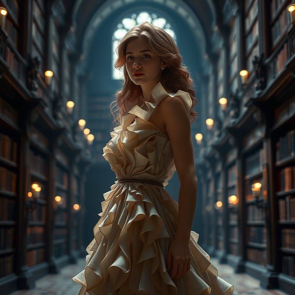 Sculpture of Woman Made from Book Pages in Gothic Library