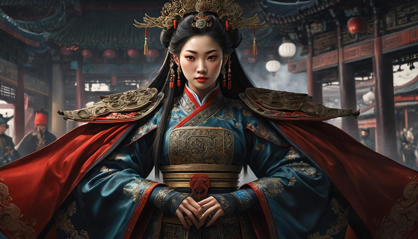 Intricately detailed painting of a cunning beautiful young chinese woman  in the style of Wuxia Fantasy, elegantly dressed in lavish attire,...