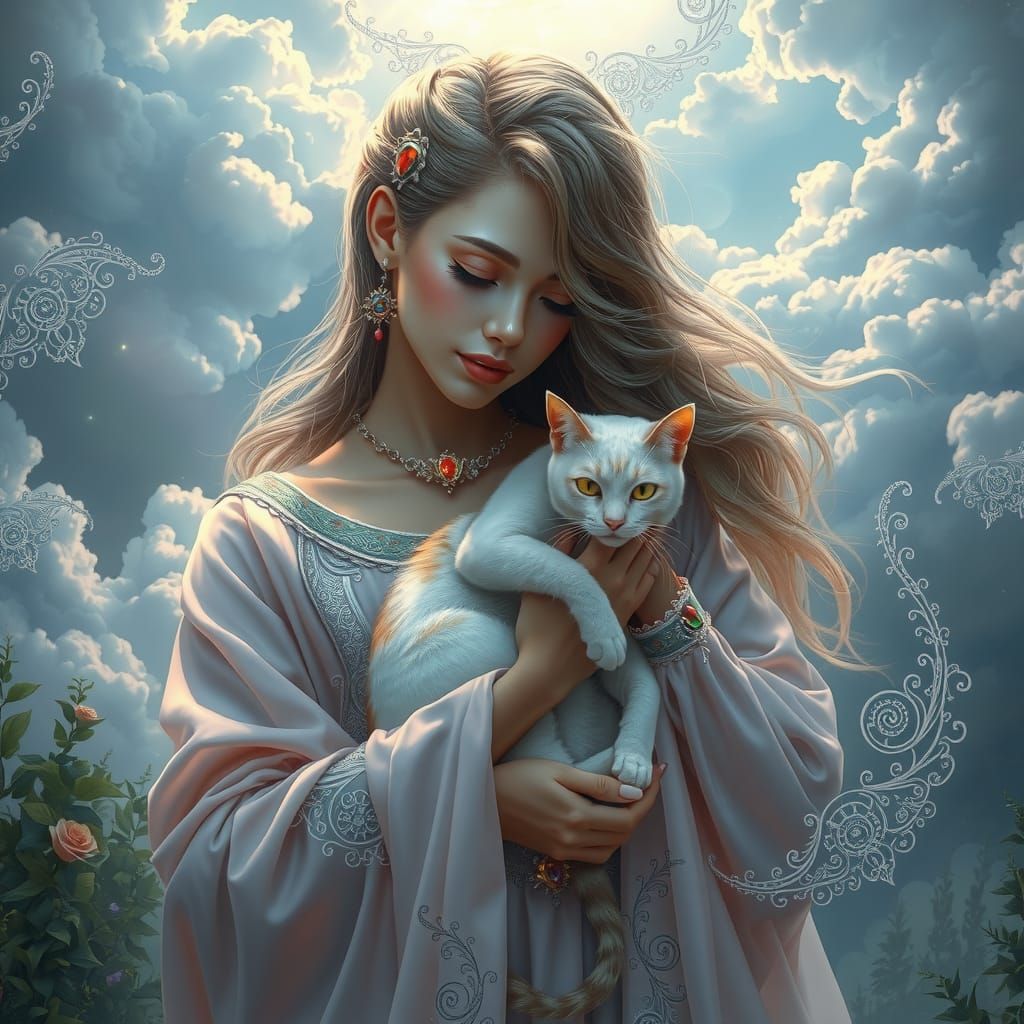 Ethereal Woman with Cat in Fantasy Landscape