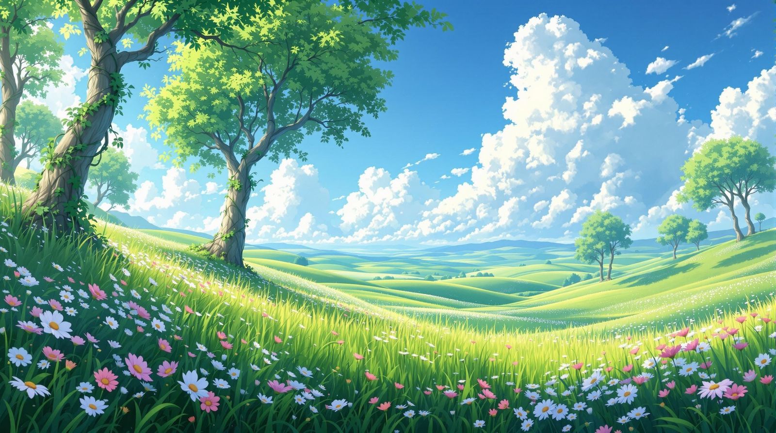 Lush Anime Landscape with Vibrant Wildflowers and Towering T...