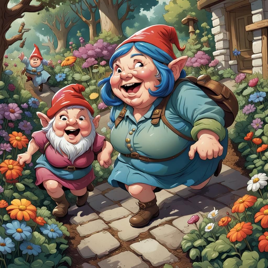 Cartoon funny comic cut, chubby female gnome is giggling whi...
