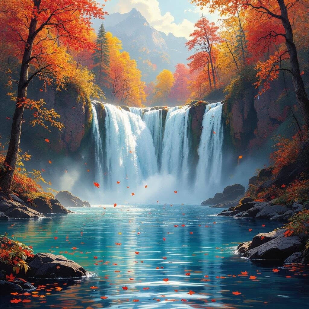 A huge waterfall with autumn-like trees and leaves floating around