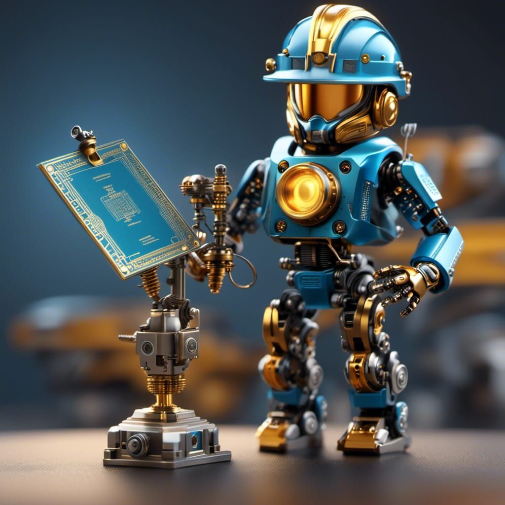 A construction worker nanobot, wearing a tiny hard hat holding a miniature blueprint.