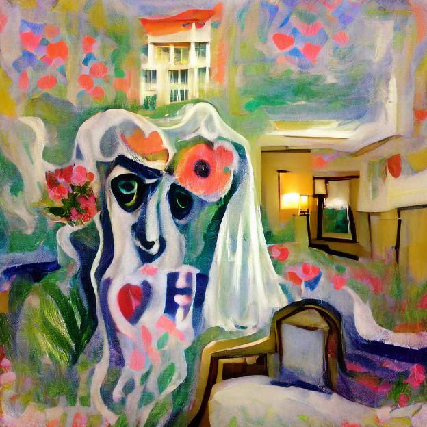 Fauvist ghost of old loves in a floral haunted hotel