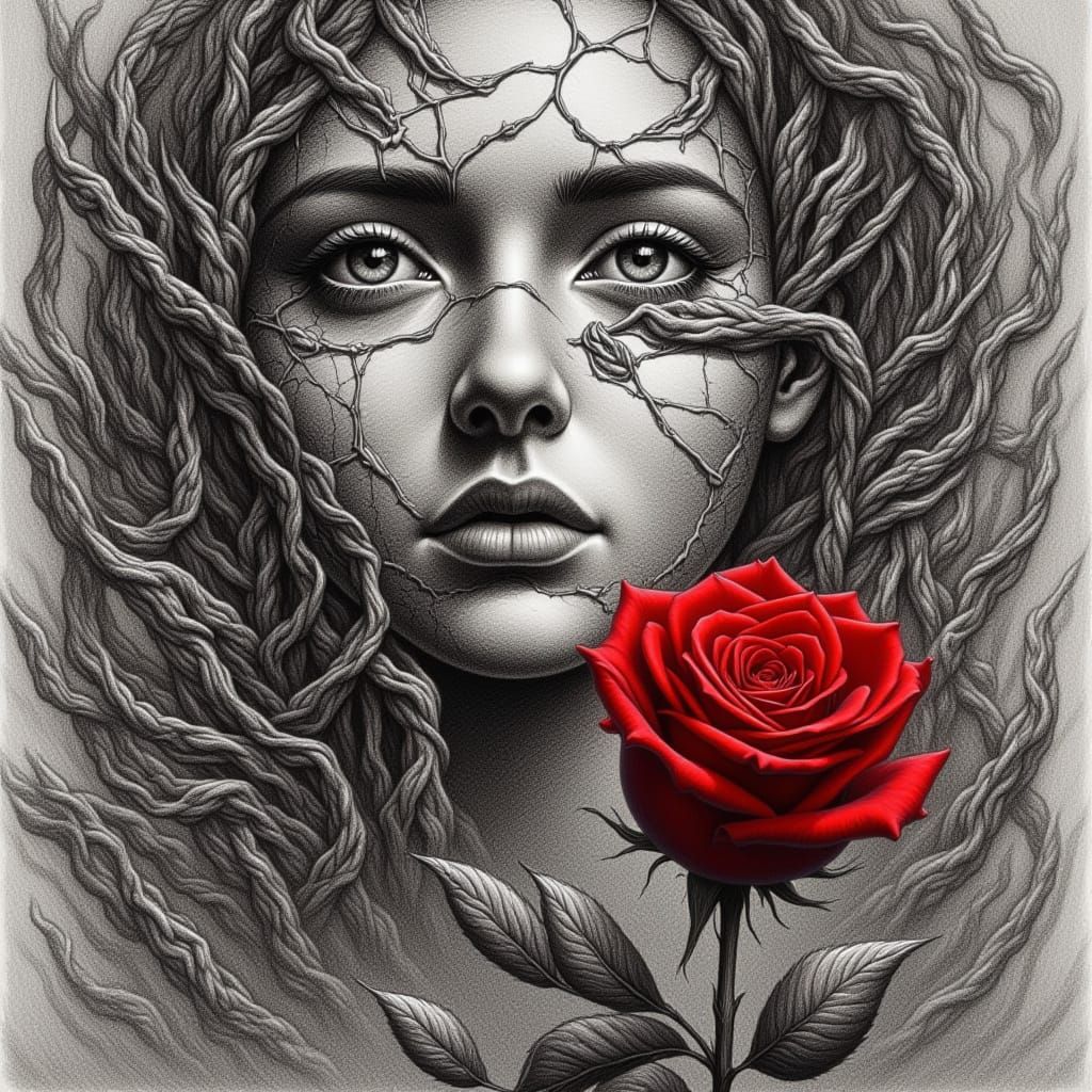 <lora:Red Roses:1.0> A Red Rose stand out  as emotions in against graphite grayscale  of forced  identity, she dances in freedom