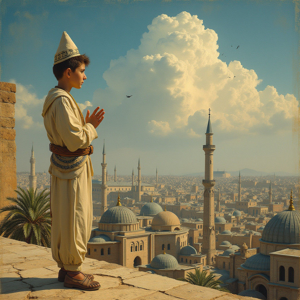 Boy Praying Amidst City Sounds, Orientalist Style