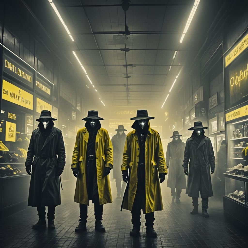 modern day plague doctors. intense yellow neon light. intens...