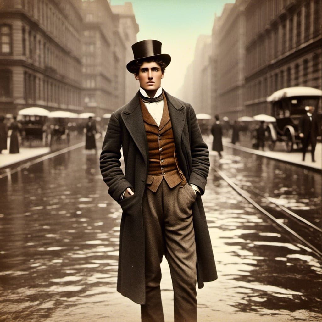 <lora:The Gibson Girl:1.0>handsome Edwardian man in the city, Vintage colorized photo, dynamic light 