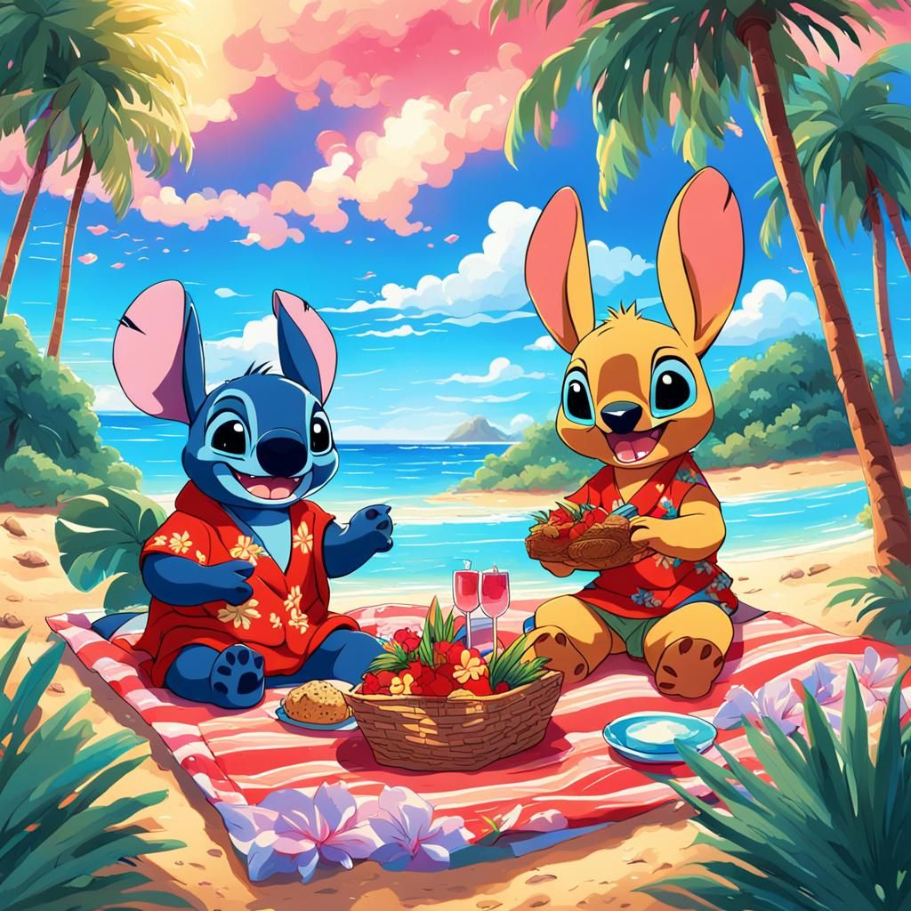 Lilo and Stitch having picnic on a beach in Hawaii