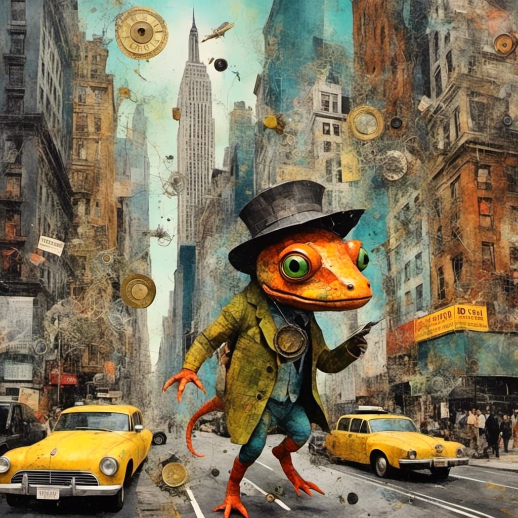 Salamander detective walking through New York, mixed media c...