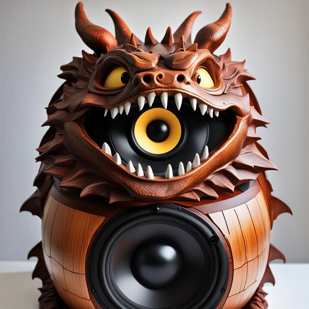 Dragon-themed bookshelf speaker, woofer in the dragon's bell...