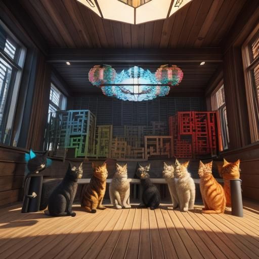 Knolling of (colourful cats) sitting on fantastical weathered-timber indoor towers, Substance Designer