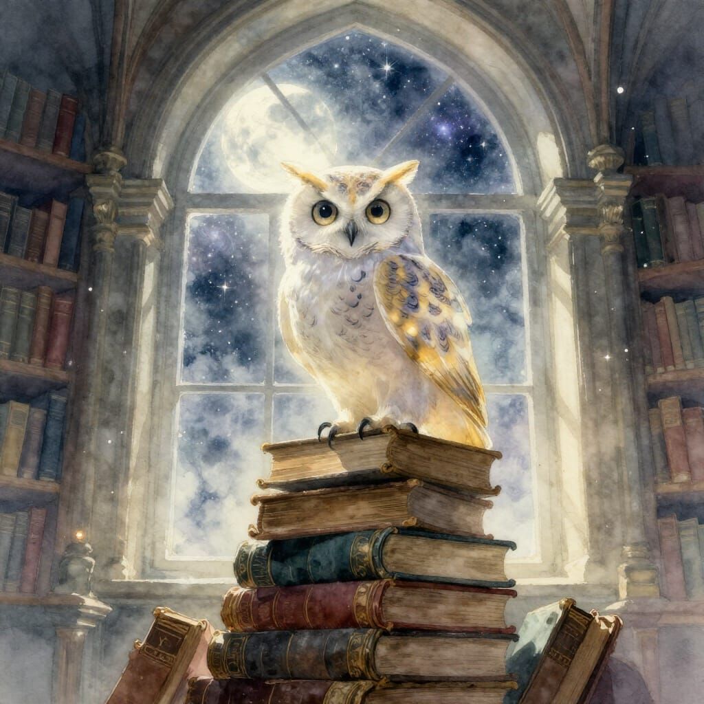 Within an ancient, forgotten library, an ethereal owl with luminescent feathers perches atop a towering pile of books.  by @LilyAshes