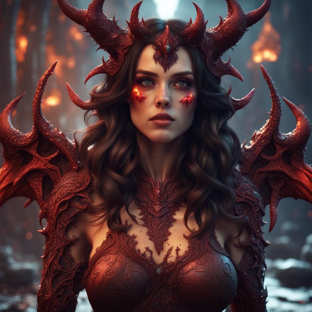 A  brunette cute woman that is transforming to a demon