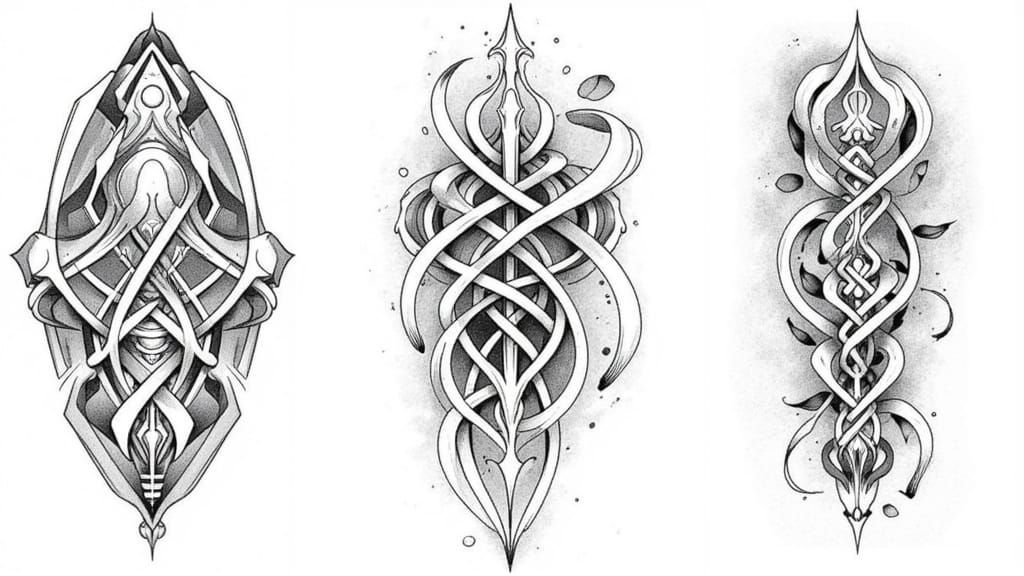 <lora:Tattoo designs:1.0> Flash tattoo Sheets of knots of Celtic, Mayan and Japanese drawn with thick lines for an Inter...