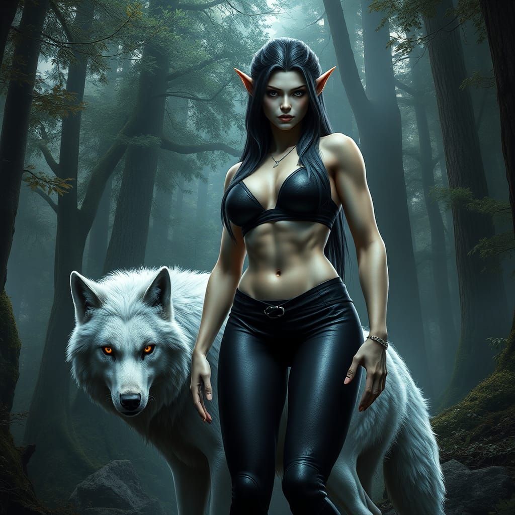 A beautiful hobgoblin queen with a pet wolf