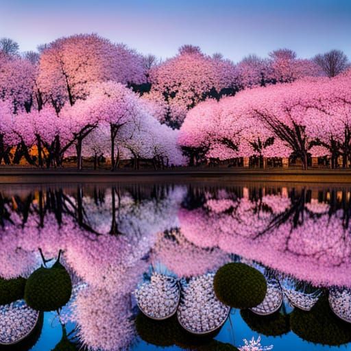 Overhead view of two parallel rows of Yoshino cherry blossom trees that follow the outline of a heart-shaped lake --ar 1...