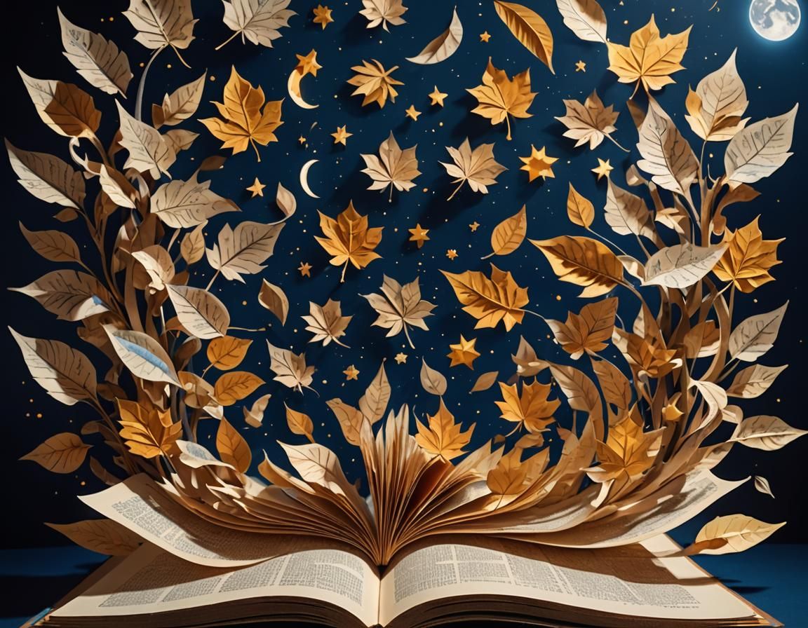 A tetradic colorful collage of layered paper leaves in different shapes and sizes, forming a giant astral book that fall...
