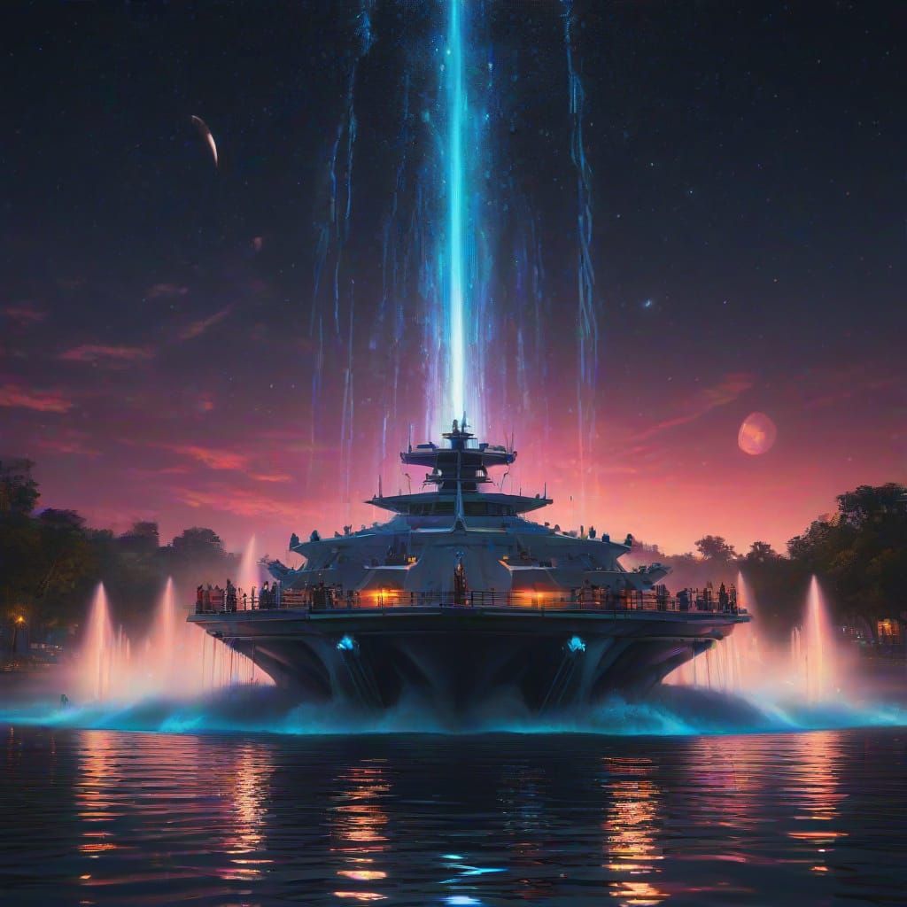 a night lake with a huge fountain in the middle, water from which multi-colored jets wash up and fall into the lake.  there are many boats w...