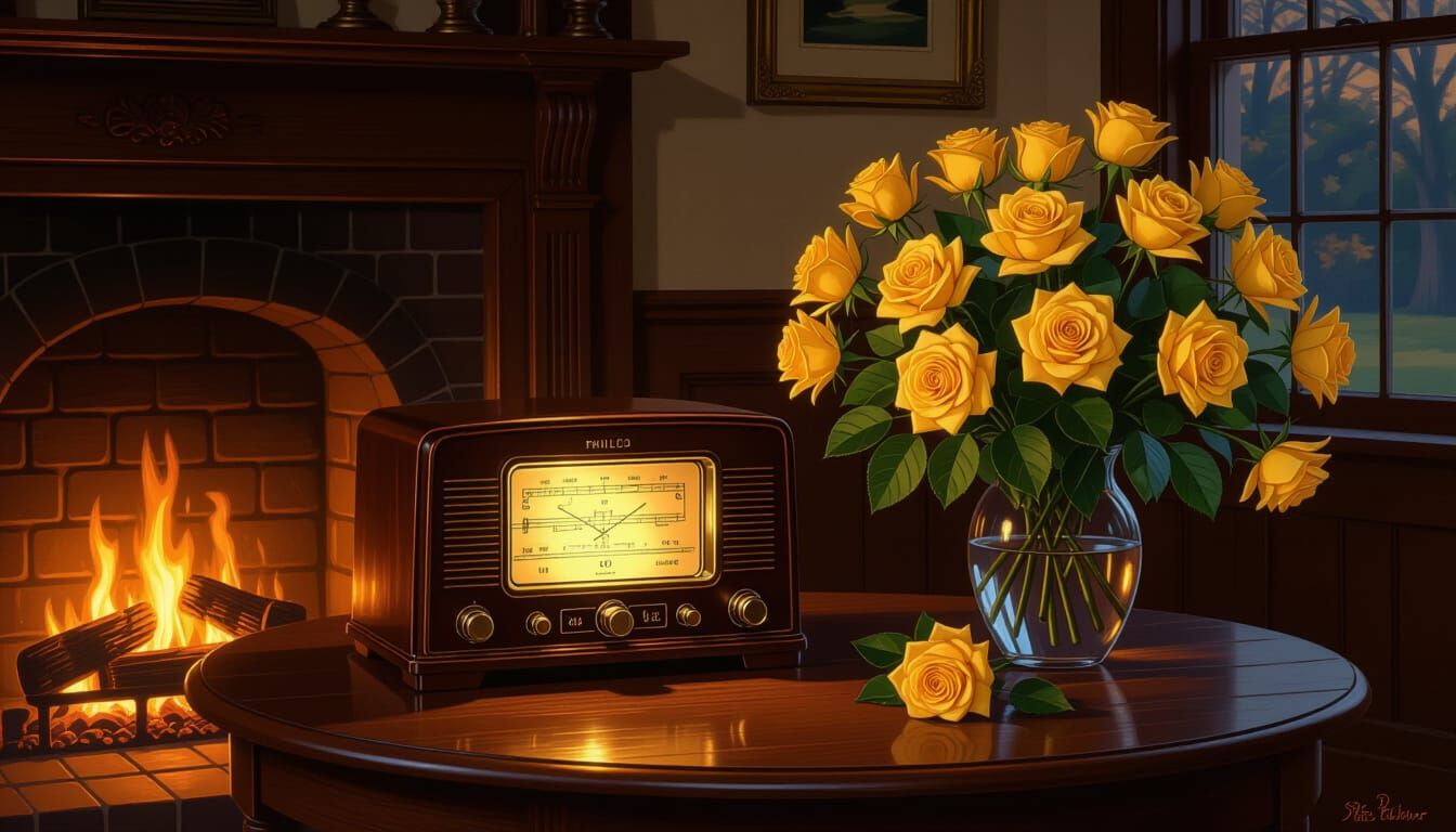 A Norman Rockwell-inspired painting of an 1930s old-style Philco antique tube radio sitting on an oak table in the darkened parlor of an old...