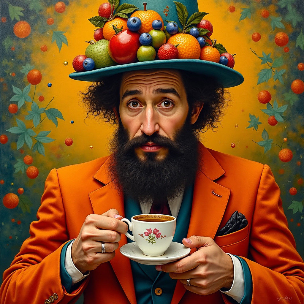 Jewish Man with Fruit Hat in Naive Art Style