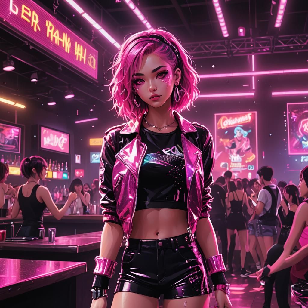 Emo Girl in Shiny Outfit at a Busy Night Club