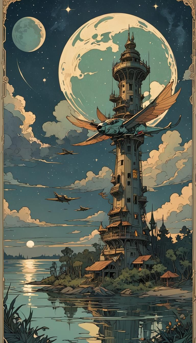 swamp, beach, air tower, night sky, fighter craft flying by,...