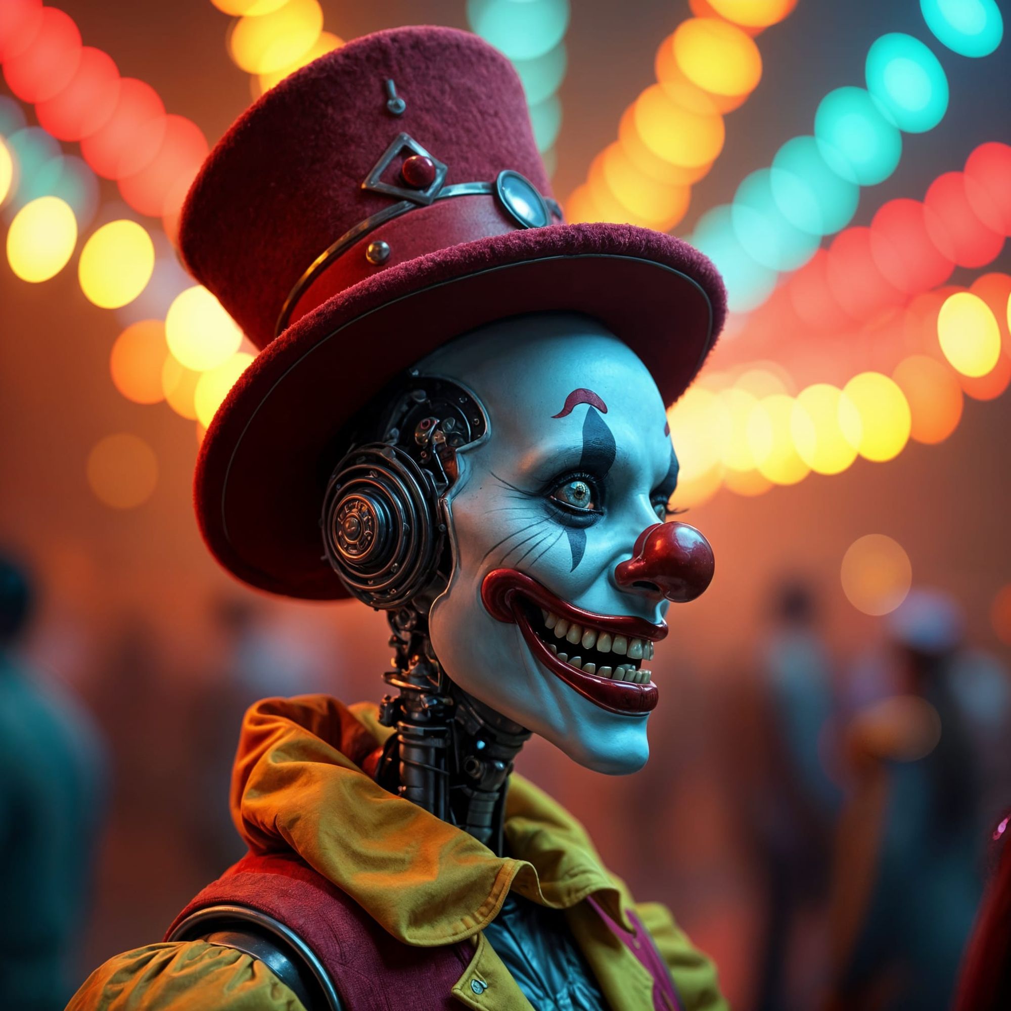 An AI robot circus clown with a top hat and a sinister smile with vibrant colours 