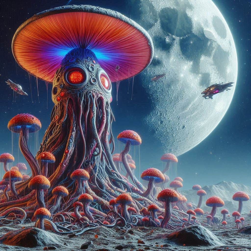 close up Crazy alien Mushrooms landing on Moon SCI-FI