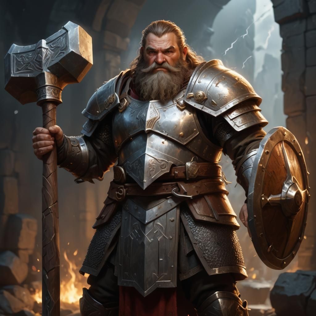 Dwarven paladin with shield and magical hammer. The magical hammer ...