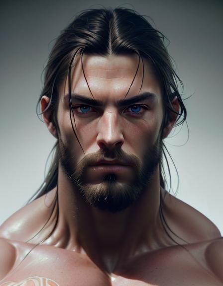 Long hair man, beautiful face and eyes, skin,   massive musc...